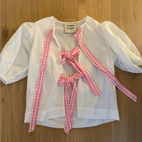 White Blouse with Pink Gingham Bows - Picture 1 of 2